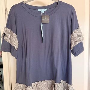 She + Sky Blue and White Ruffle Sleeve Top